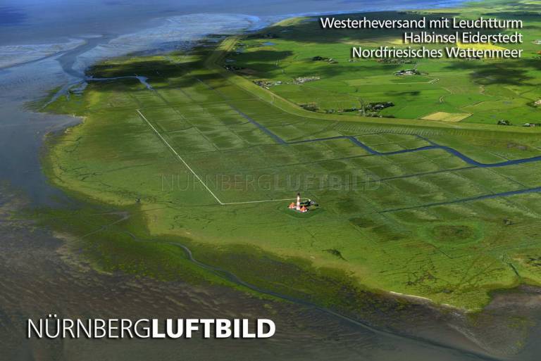 Westerheversand mit Leuchtturm, Halbinsel Eiderstedt, Nordfriesisches Wattenmeer, Luftaufnahme