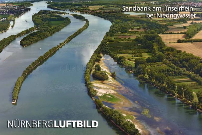 Sandbank am "Inselrhein" bei Niedrigwasser, Luftaufnahme
