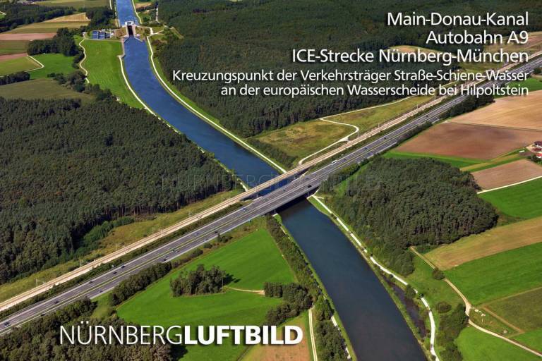 Kreuzungspunkt der ICE-Strecke Nürnberg-München, Autobahn A9 und des Main-Donau-Kanals bei Hilpotstein, Luftbild