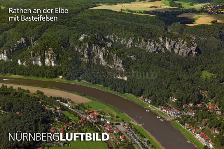 Rathen an der Elbe mit Basteifelsen, Luftaufnahme
