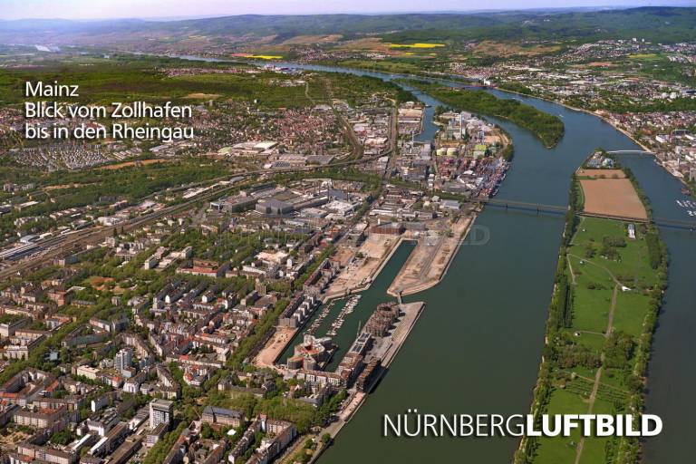 Mainz, Blick vom Zollhafen bis in den Rheingau