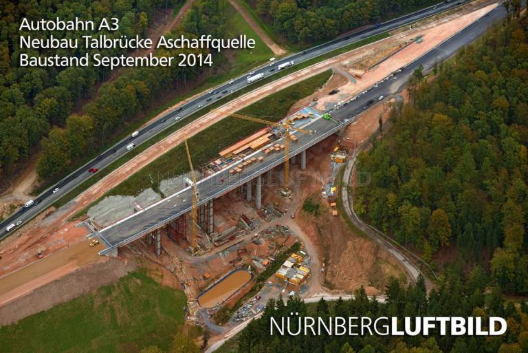 Autobahn A3, Neubau Talbrücke Aschaffquelle, Baustand September 2014, Luftaufnahme