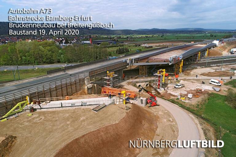 Autobahn A73, Bahnstrecke Bamberg-Erfurt, Brückenneubau bei Breitengüßbach, Baustand 19. April 2020
