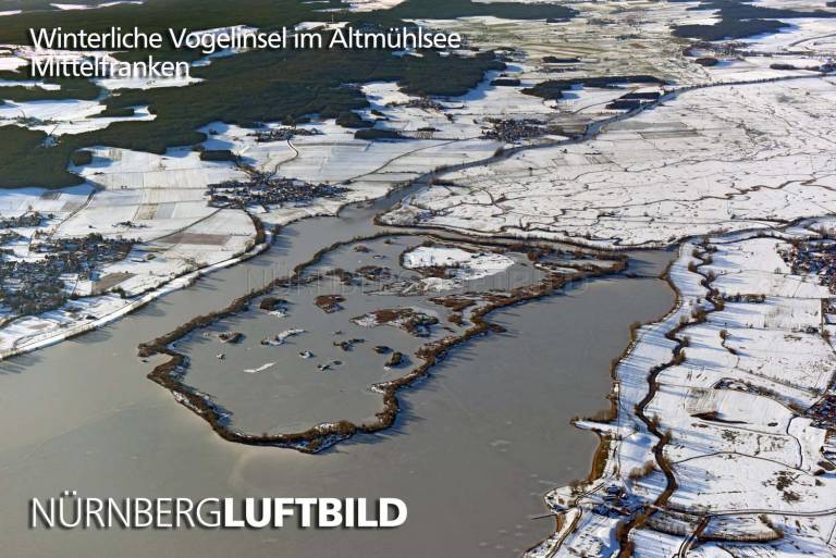 Winterliche Vogelinsel im Altmühlsee, Luftaufnahme