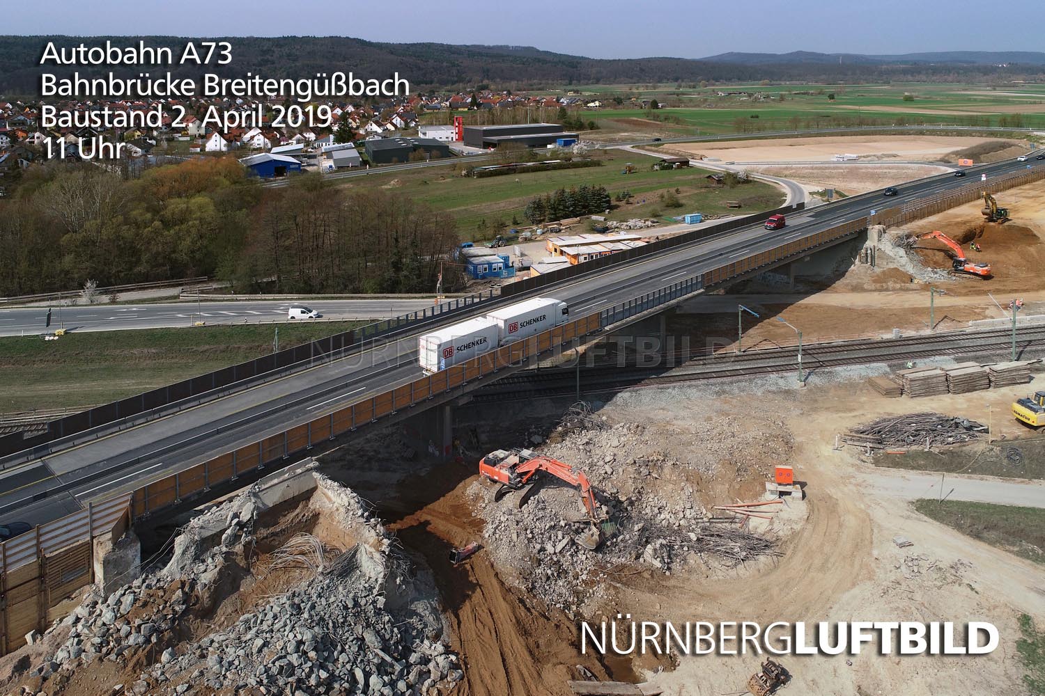 Autobahn A73, Bahnbrücke Breitengüßbach, Baustand 2. April 2019