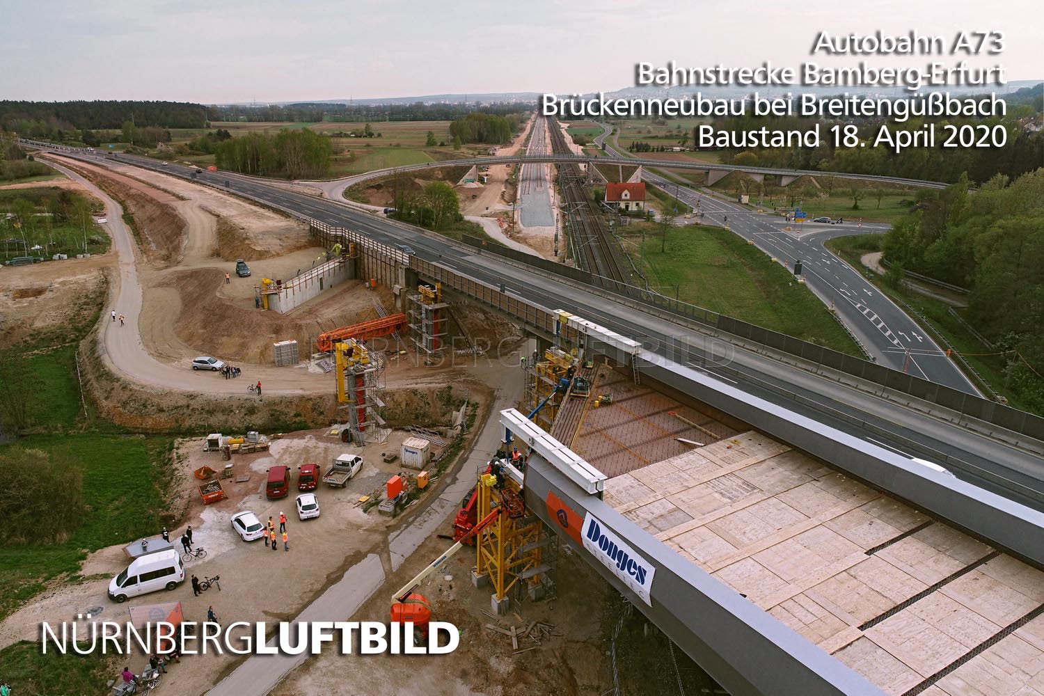Autobahn A73, Bahnstrecke Bamberg-Erfurt, Brückenneubau bei Breitengüßbach, Baustand 18. April 2020