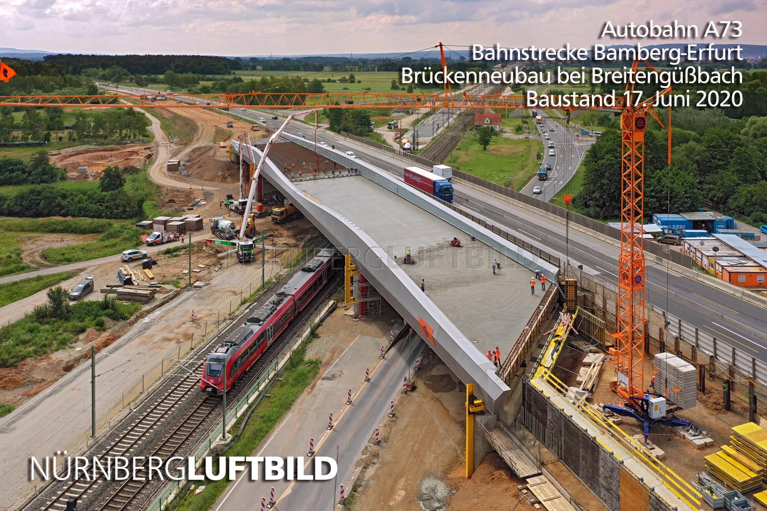 Autobahn A73, Bahnstrecke Bamberg-Erfurt, Brückenneubau bei Breitengüßbach, Baustand 17. Juni 2020