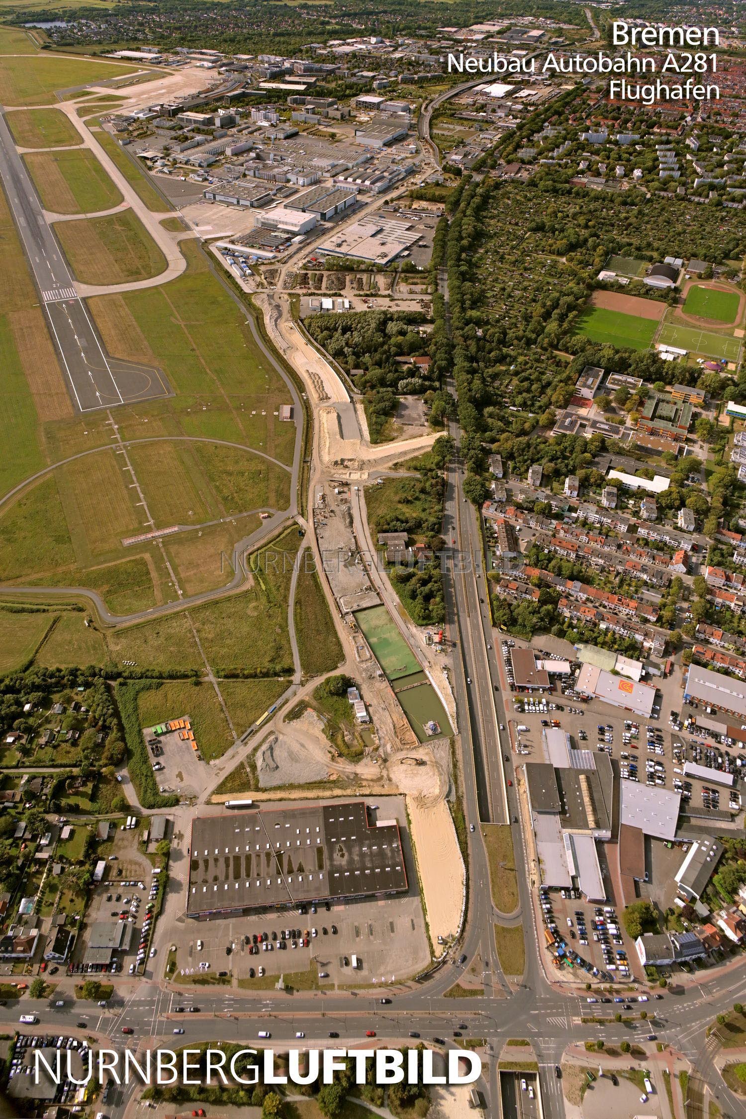 Luftbild der Autobahn A281 in Bremen mit Baustelle der Bremer Stadtautobahn