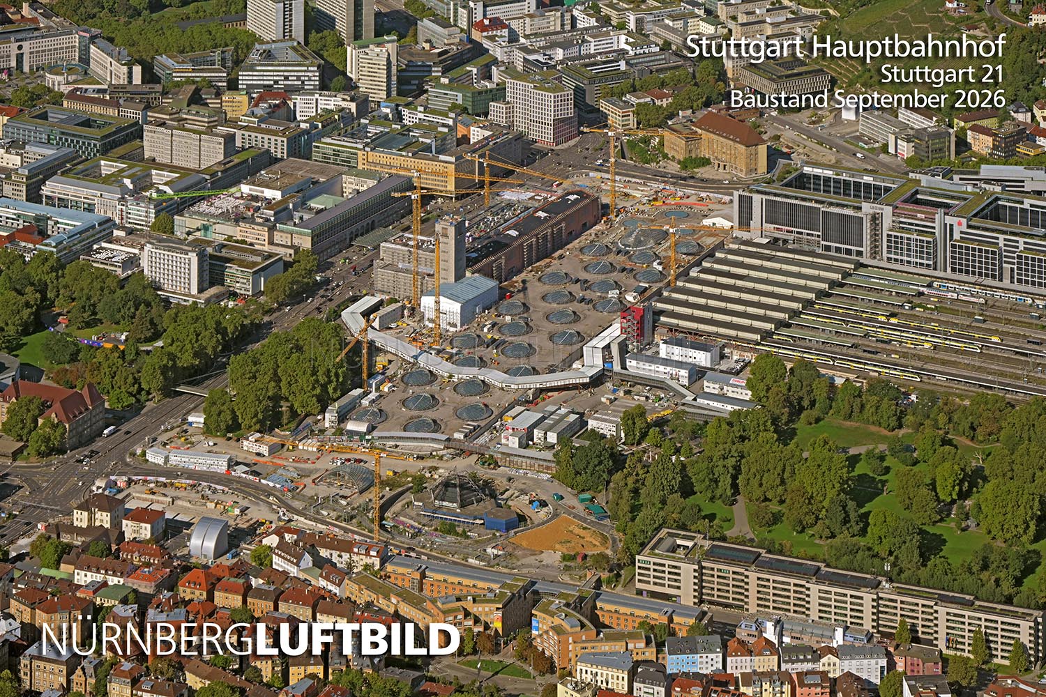 Luftbild der Großbaustelle Stuttgart 21 mit neuem Tiefbahnhof am Hauptbahnhof