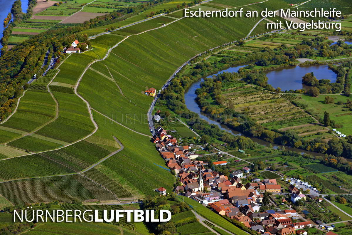 Escherndorf an der Mainschleife mit Vogelsburg, Luftaufnahme