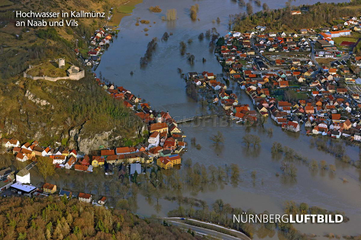 Hochwasser in Kallmünz an Naab und Vils, Luftbild