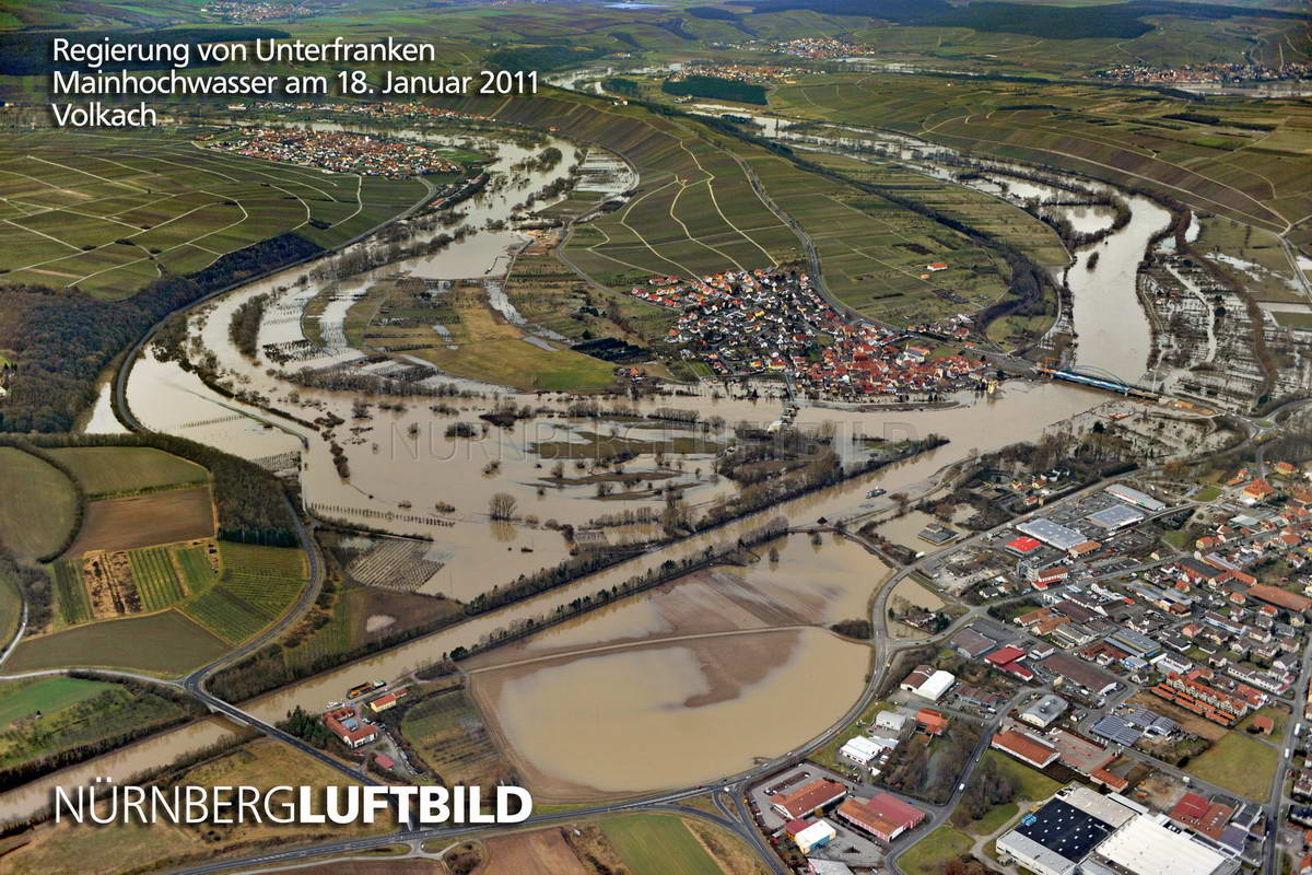 Mainhochwasser in Volkach, Luftaufnahme