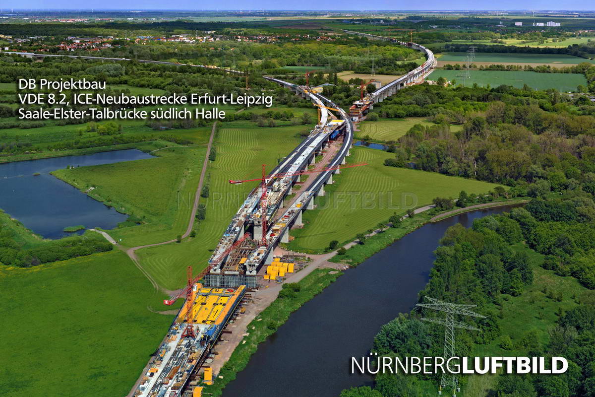 Saale-Elster-Talbrücke südlich Halle, VDE 8.2, ICE-Neubaustrecke Erfurt-Leipzig, DB Bauprojekt, Lufaufnahme