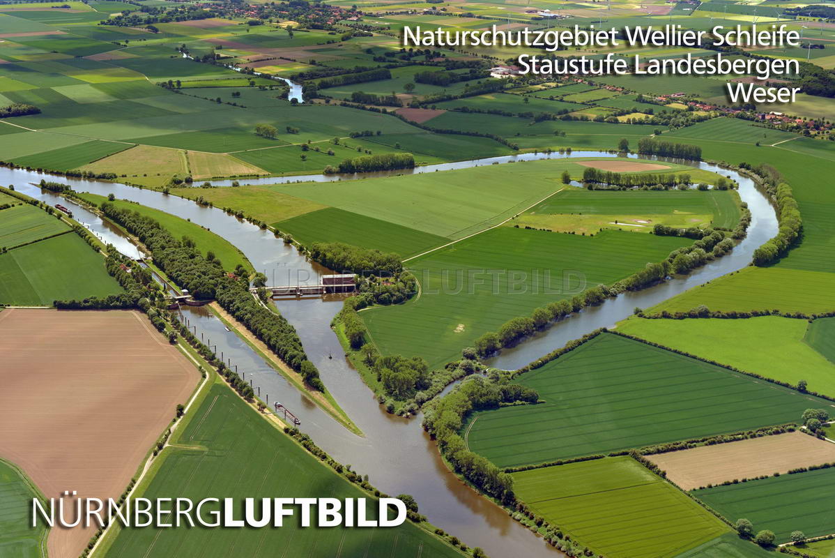 Naturschutzgebiet Wellier Schleife, Staustufe Landesbergen, Weser, Luftbild