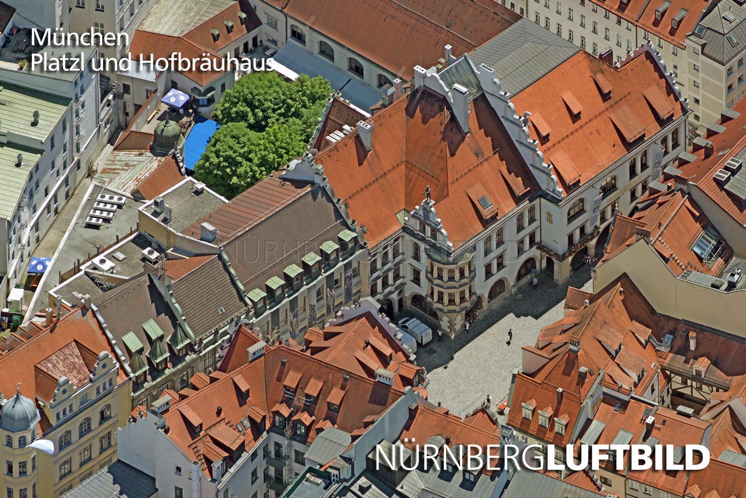 München, Platzl und Hofbräuhaus, Luftbild