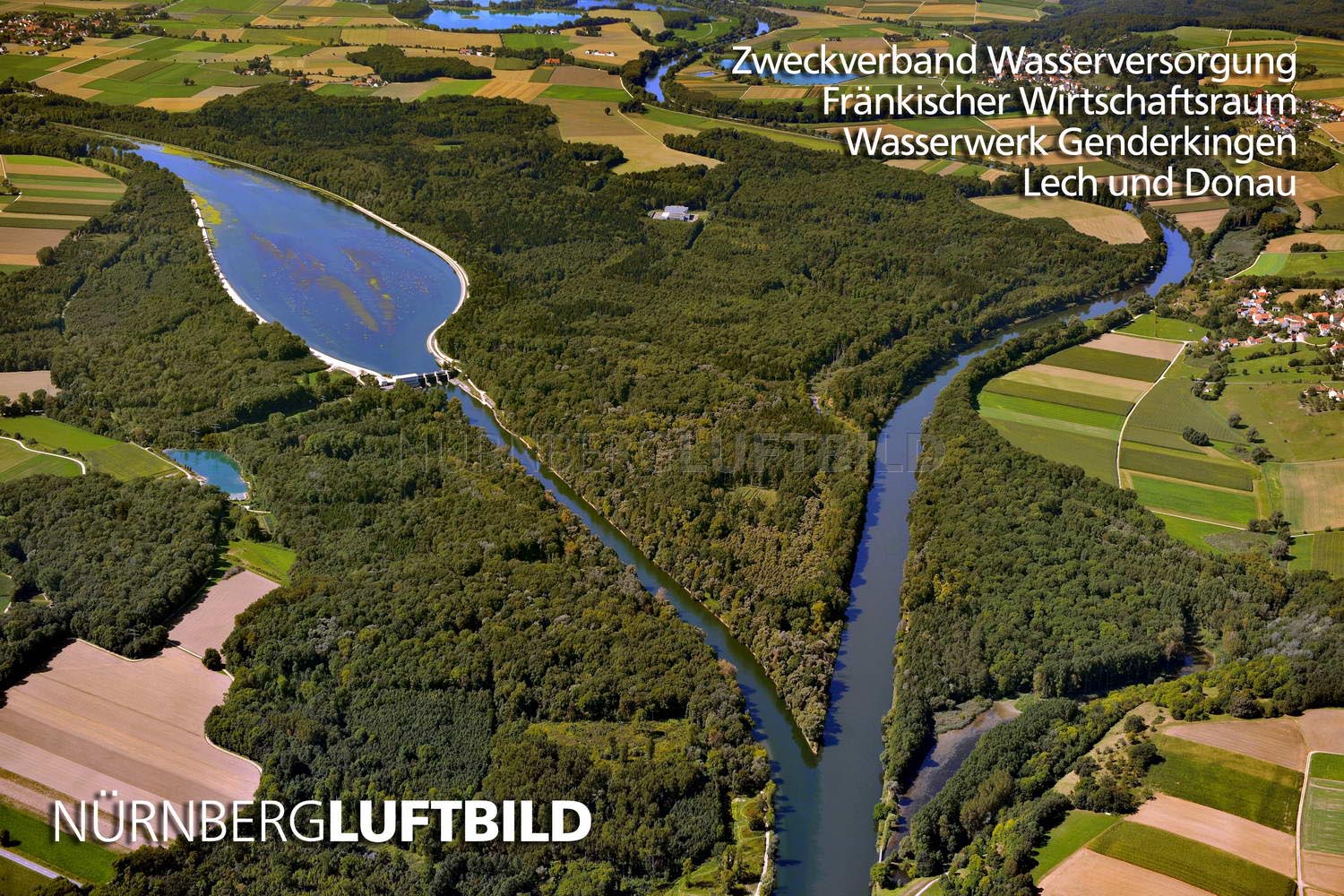 Luftbild vom Zusammenfluss von Lech und Donau beim Wasserwerk Genderkingen, Schwaben