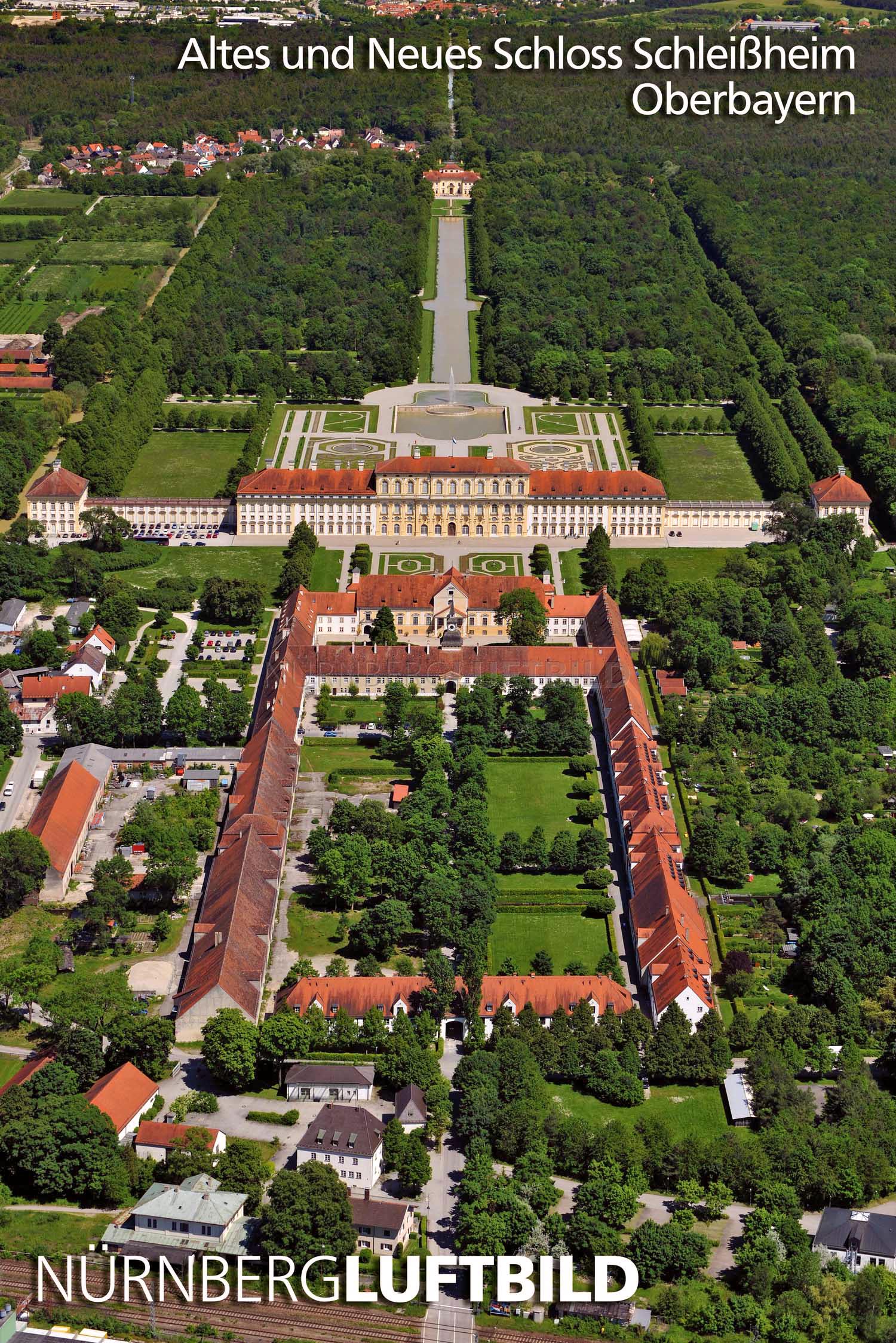 Luftbild von Altem und Neuem Schloss Schleißheim mit Blick auf Schloss Lustheim bei München