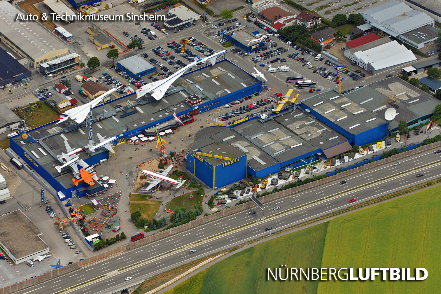 Luftbild des Technik Museums Sinsheim mit Concorde und Tupolew Tu-144 an der A6