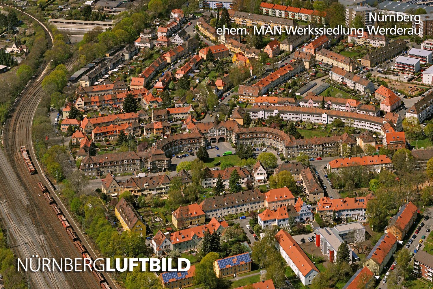 Luftbild der Gartenstadt Werderau in Nürnberg, denkmalgeschützte MAN-Werkssiedlung im Süden der Stadt
